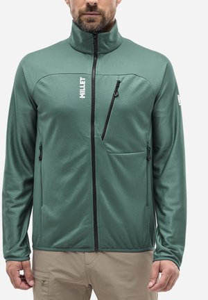 Green zip-up jacket with a textured finish, featuring two side pockets and a chest pocket with black zippers. Logo on the left side.