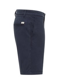 Navy blue shorts made of lightweight fabric, featuring a flat front, side pockets, and a back pocket with a small label detail.