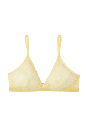 Bralette giallo in pizzo con forma triangolare, spalline regolabili e un elastico morbido sotto. Motivo floreale che sovrappone una texture di tessuto soffice.