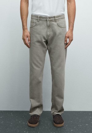 Gray denim jeans with a straight-leg fit, featuring front pockets, subtle stitching, and a classic button closure. Textured cotton fabric.