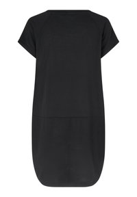 Robe noire à manches courtes avec une coupe décontractée, dotée d'un col rond et d'une texture lisse. Le design est longueur genou avec un ourlet légèrement incurvé.