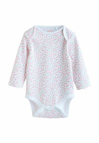 Valge pikkade varrukatega beebibody, millel on roosade ja siniste lillede lillemuster, põhjas trukknappide ja pehme kangaga.