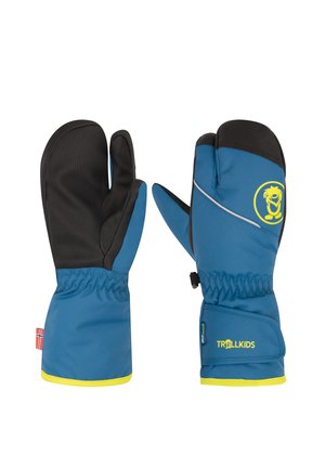 Blue and black mittens with a fleece interior, elastic cuffs, and a yellow logo. Feature a waterproof outer layer and textured grip palms.