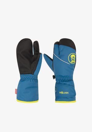 Blaue und schwarze Fäustlinge mit Fleecefutter, elastischen Bündchen und einem gelben Logo. Sie verfügen über eine wasserdichte Außenschicht und strukturierte Handflächen für besseren Griff.