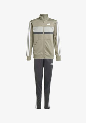 Grüner und grauer Trainingsanzug mit einem Reißverschluss-Top mit hohem Kragen, drei Streifen auf den Ärmeln sowie passenden Hosen mit Akzentstreifen.