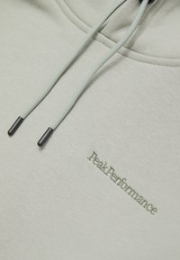 Jasnoszara bluza z kapturem o gładkiej fakturze, z przednią kieszenią i regulowanym kapturem z jasnoskalnymi sznurkami zakończonymi na czarno. Wyszywane logo.