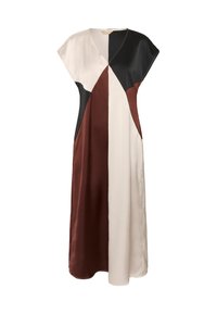 Rochie lungă cu mâneci scurte, având blocuri de culoare geometrice în negru, crem și maro, din satin, cu decolteu în V.
