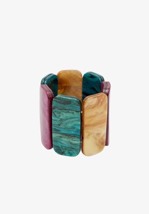 Buntes Harzarmband mit abwechselnd rechteckigen Segmenten in Petrol, Bernstein, Burgunderrot und mit einem gesprenkelten Finish, das eine glänzende Textur zeigt.