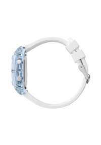 Boîtier de montre transparent bleu clair avec un bracelet en silicone blanc, doté de deux boutons et d'une boucle en argent pour l'ajustement.