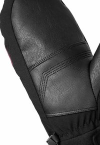 Schwarze Lederhandschuh mit strukturiertem Oberflächen, genähten Akzenten und einem schwarzen Stoffbund. Mit einem Verschluss zur Sicherstellung der Passform.
