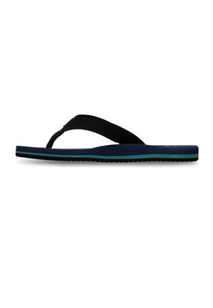 Granatowa klapka z czarnymi materiałowymi paskami i turkusowym paskiem wzdłuż podeszwy, przedstawiona z boku na białym tle.