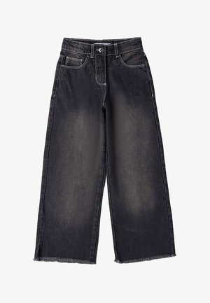 Zwarte denim jeans met een wide-leg pasvorm en een rafelige zoom. Voorzien van een standaard knoop- en ritssluiting aan de voorkant, met vier zakken en contrasterend stiksel.