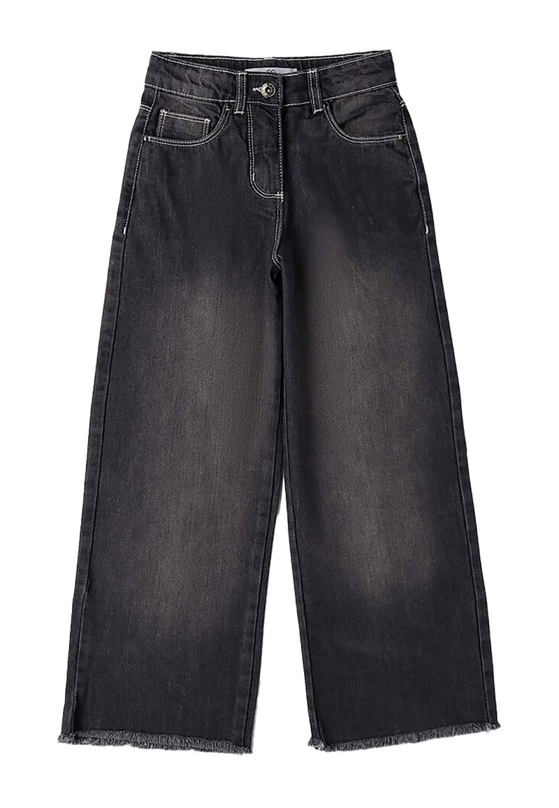 Jeans in denim nero a gamba larga con orlo sfilacciato. Presentano una chiusura frontale con bottone e zip standard, quattro tasche e cuciture a contrasto.