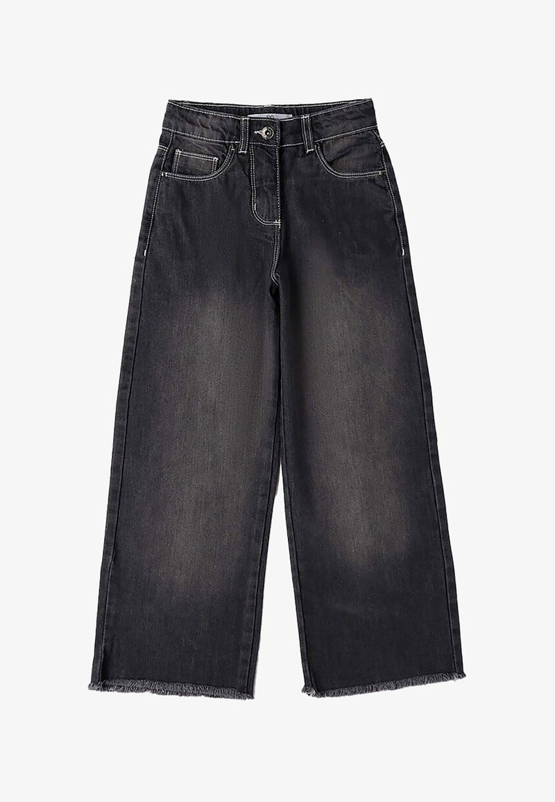 Jeans in denim nero a gamba larga con orlo sfilacciato. Presentano una chiusura frontale con bottone e zip standard, quattro tasche e cuciture a contrasto.