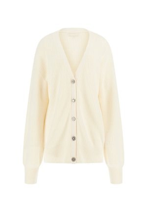 Cardigan côtelé de couleur crème avec un décolleté en V profond, des manches longues et six boutons décoratifs le long du devant.
