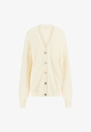 Cream-colored ribbed knit cardigan with a deep V-neck, long sleeves, and six decorative button closures along the front.