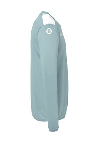 Langarmjersey van lichtblauw stof met witte schouderaccenten. Heeft een ronde hals en een logo op de linker mouw.