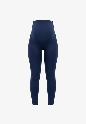 Marineblaues Umstandstight aus dehnbarem Stoff mit hohem Bund, der einen wachsenden Bauch unterstützt. Glatte Textur und figurbetontes Design.