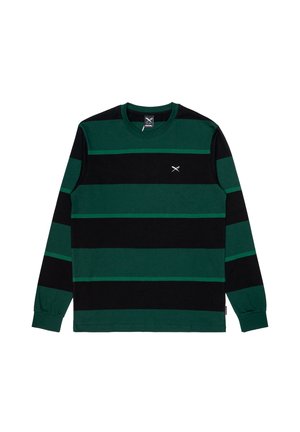 T-shirt a maniche lunghe con righe verdi scure e nere, colletto rotondo e un piccolo logo sul petto. Realizzato in morbido cotone.