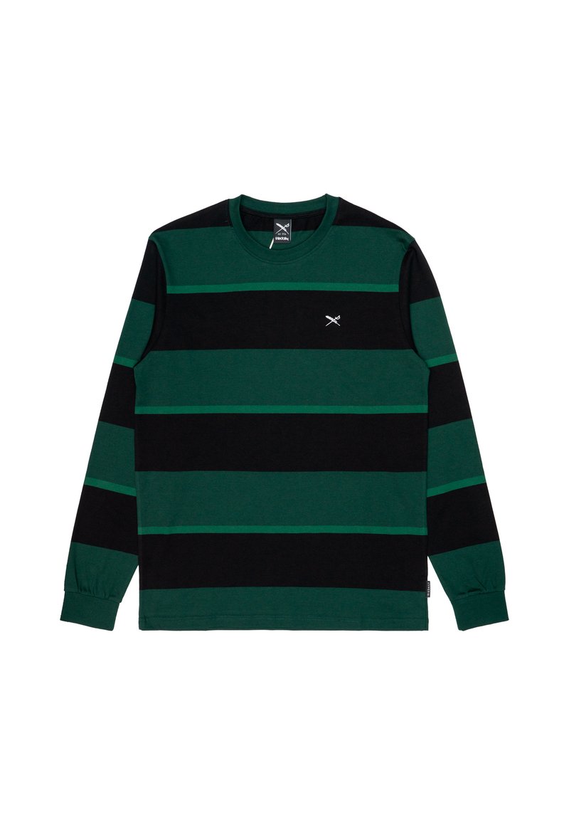 T-shirt a maniche lunghe con righe verdi scure e nere, colletto rotondo e un piccolo logo sul petto. Realizzato in morbido cotone.