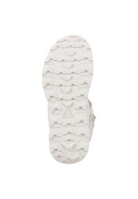 Chaussure d'escalade avec une semelle en caoutchouc blanche ; elle présente un motif texturé avec des grips angulaires pour traction et stabilité sur diverses surfaces.