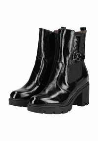 Bottines en cuir verni noir avec un talon épais, des panneaux latéraux élastiques et un détail de boucle décoratif. Fini lisse et brillant avec des semelles épaisses.