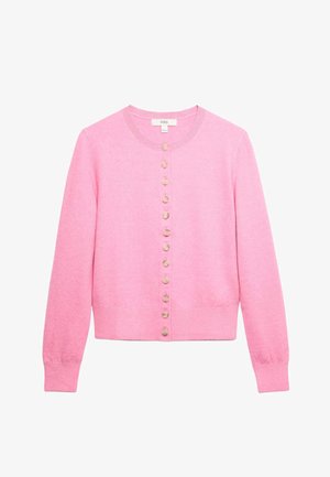 Roze gebreid vest met lange mouwen, een ronde halslijn en een knoopsluiting aan de voorkant met lichtgekleurde knopen. Zachte textuur, aangesloten rand.