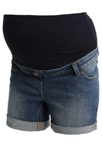Calças de maternidade em denim azul com uma cintura elástica azul escuro. Apresenta bainhas dobradas e design clássico de cinco bolsos.