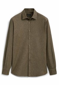 Chemise à manches longues, boutonnée, de couleur vert olive avec un col classique et des poignets à un seul bouton, présentée à plat sur un fond blanc.