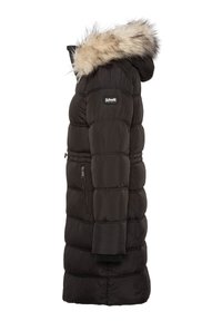 Zwarte lange gewatteerde winterjas met capuchon met bontafwerking, ritssluiting zijzak en Schott logo label op de bovenste mouw.