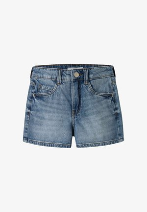 Niebieskie szorty z denimu z zapięciem na guzik z przodu, zamkiem błyskawicznym, szlufkami na pasek i dwoma przednimi kieszeniami, z lekko wyblakłą fakturą.