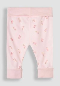 Ljusrosa bomullsleggings med blommigt mönster i nyanser av rosa och guld. Har ribbade muddar och midjeband för komfort.