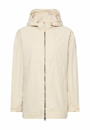 Beige hooded jacket with full front zipper, two side pockets, and adjustable Velcro straps on the cuffs.