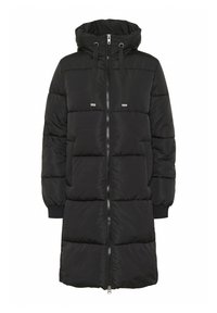 Črn dolg puhovkasta plašč z kapuco, zategovanjem, celotnim sprednjim zadrgo, stranskimi žepi in rebrastimi manšetami na rokavih.