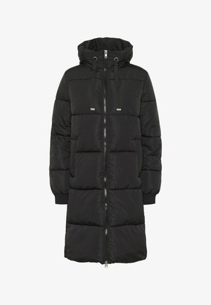 Schwarzer langer Daunenmantel mit Kapuze, Zugbändern, durchgehendem Reißverschluss, Seitentaschen und gerippten Bündchen an den Ärmeln.