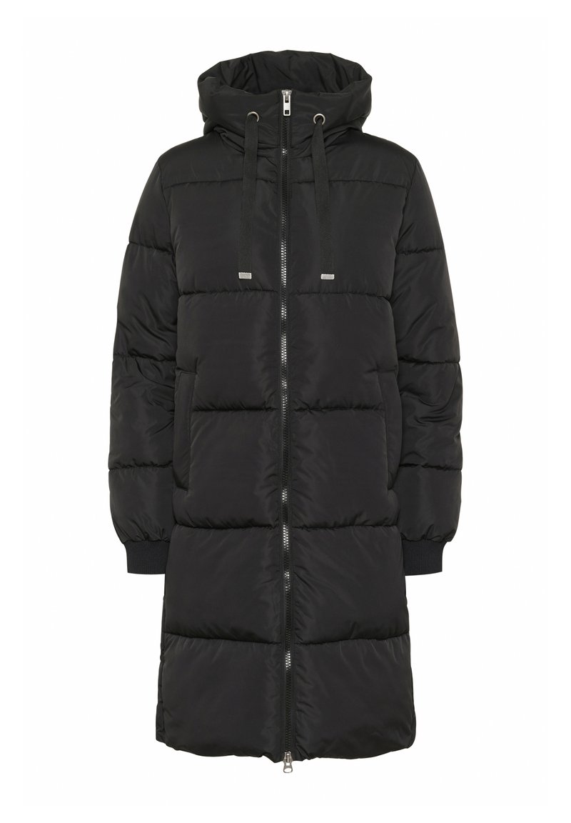 Črn dolg puhovkasta plašč z kapuco, zategovanjem, celotnim sprednjim zadrgo, stranskimi žepi in rebrastimi manšetami na rokavih.