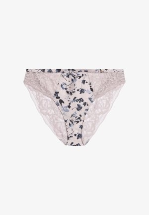 Ropa interior de mujer en rosa claro con panel frontal de estampado floral en azul y negro, laterales de encaje transparente y detalles intrincados de encaje floral.