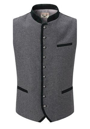 Grau gestrickter Weste mit hohem Kragen, grünem Samtbesatz, silbernen Knöpfen und zwei Fronttaschen mit schwarzen Akzenten. Klassisches, maßgeschneidertes Design.
