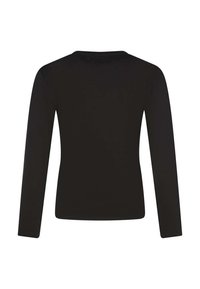 Chemise noire à manches longues avec un col rond. Fabriquée en tissu doux, elle présente une texture lisse et une silhouette ajustée. Pas d'ornements.
