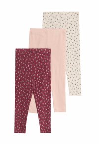 Tres pares de mallas: burdeos oscuro con estampado de flores, rosa claro liso, crema con patrón floral, tela de algodón, diseño ajustado.