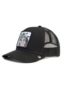 Schwarze Trucker-Cap mit Netzrücken, mit einem gestickten Tiger-Patch auf der Vorderseite und einem gebogenen Schild. Kleines Logo an der Seite.