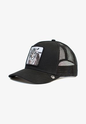 Schwarze Trucker-Cap mit Netzrücken, mit einem gestickten Tiger-Patch auf der Vorderseite und einem gebogenen Schild. Kleines Logo an der Seite.