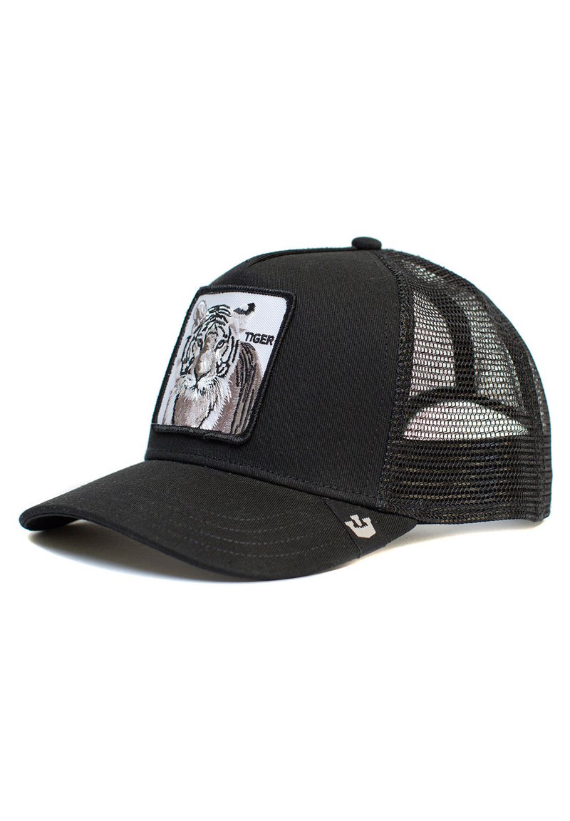 Schwarze Trucker-Cap mit Netzrücken, mit einem gestickten Tiger-Patch auf der Vorderseite und einem gebogenen Schild. Kleines Logo an der Seite.