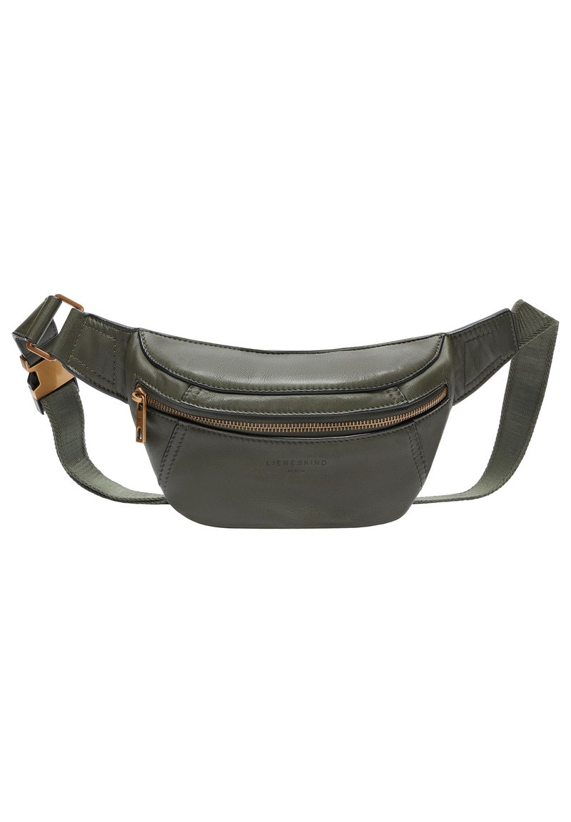 Grüße Kunstleder Bauchtasche mit einem geschwungenen Design, vorderer Reißverschlusstasche, verstellbarem Gurt und metallischen Hardware-Akzenten.