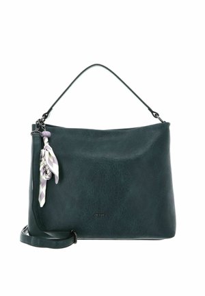 Sac à main en cuir bleu sarcelle avec un haut arrondi, une courte bandoulière et un foulard décoratif attaché sur le côté. Texture lisse.