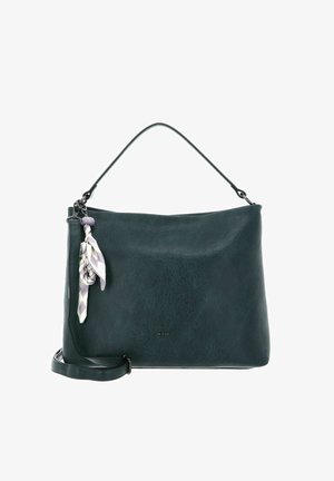 Sac à main en cuir bleu sarcelle avec un haut arrondi, une courte bandoulière et un foulard décoratif attaché sur le côté. Texture lisse.