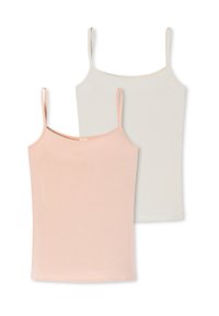 Two tank tops: one light pink and one off-white, both made of soft cotton, featuring thin shoulder straps and a fitted design.
