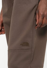 Brązowe spodnie z tkaniny z charakterystyczną łatą z logo "The North Face" w dopasowanym odcieniu brązu, o gładkiej strukturze i dopasowanym kroju.