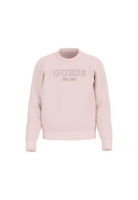 Sudadera de color rosa claro, fabricada con tela suave, con cuello redondo, mangas largas y logo en relieve "GUESS EST. 1981" en la parte frontal.