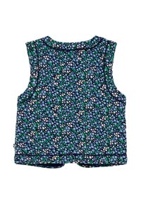 Námornícky modré bezrukávové tričko s kvetinovým vzorom so svetlomodrými, bielymi a zelenými kvetmi. Dokončené s kontrastným lemovaním.